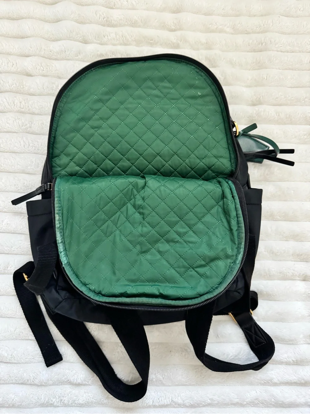 Tory Burch Black Nylon Backpack with Gold Hardware and Green Tag